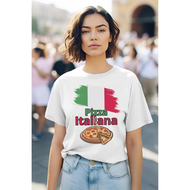 Italian Pizza & Italy Flag T-Shirt For & - Italian Food Theme With Pizza Slice & Italian Text, Casual Short Sleeve Round Neck Tee, Pizza Lover Gift,