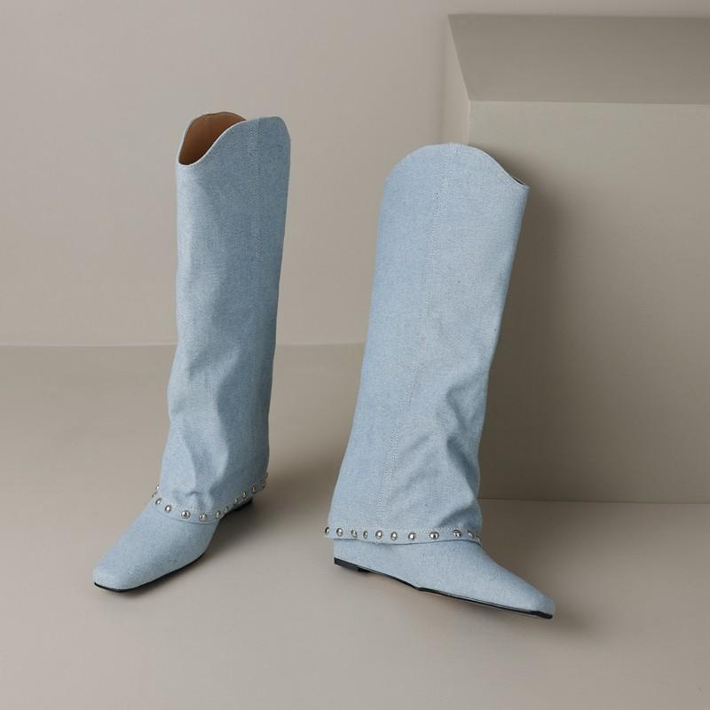 

Дизайнерские панк-сапоги в стиле вестерн, брюки, сапоги, заклепки, танкетка, ковбойские сапоги до колена, кожаные женские туфли больших размеров 34-42 8.5