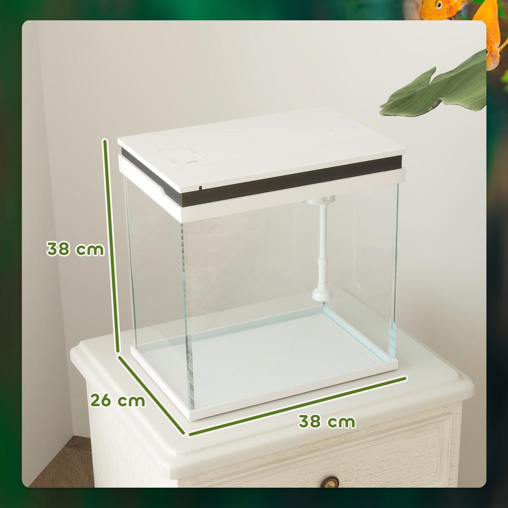 26L Goldfish Aquarium with LED Lights, Filtration System and Water Pump, 38x26x38 cm, White
