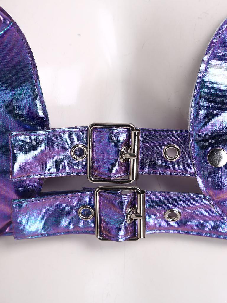 S-XXL Damen Glitzer Gothic Crop Top Neckholder Fledermausärmel Nietenbesatz Verstellbare Schnalle Korsett Bustier Schulterpanzer für Rave Club Party