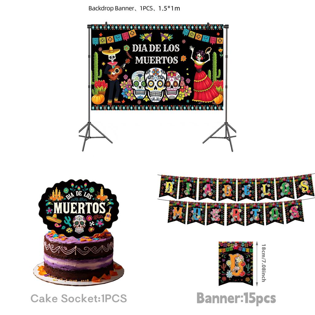 Mexican Day Of The Dead Party Decor Banner And Tableware Set With Paper Plates For Festive Celebrations
