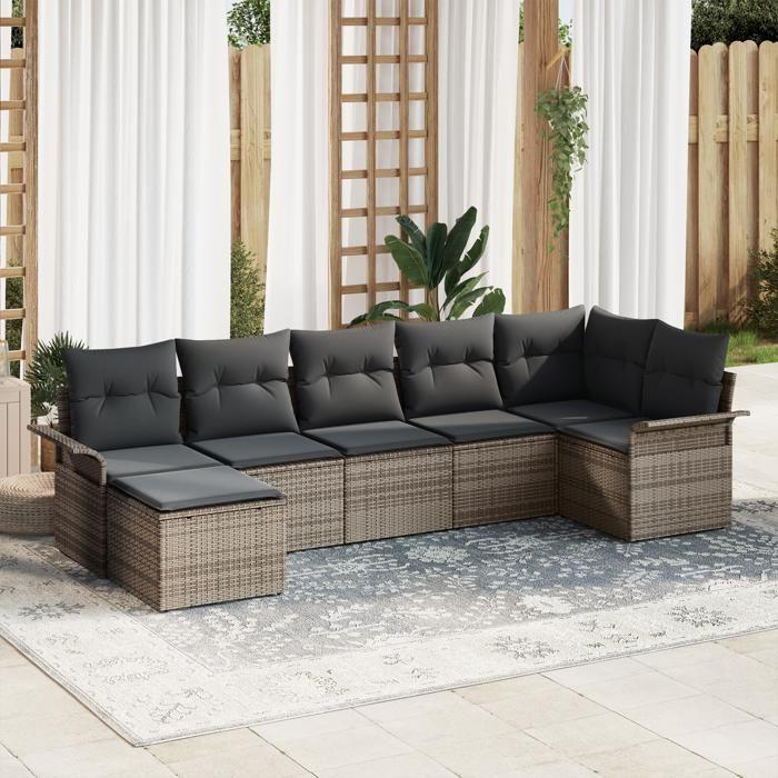 VidaXL Ensemble de Canapés de Jardin 7 pièces avec Coussins Gris Rattan Poly 3345449