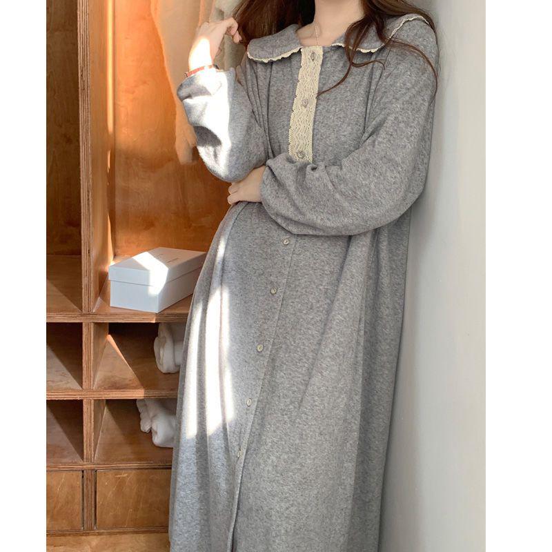 Lace-Trim Maternity Nightdress for Spring & Autumn - Women's Sweet & Loose Pajamas, Plus Size, Wear Inside or Out