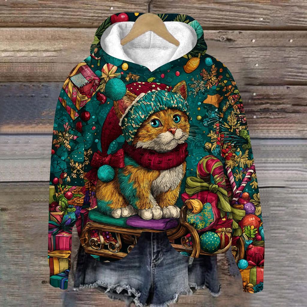 Women's Fashion Long Sleeve Christmas Print Loose Hooded Sweatshirt Top