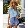 DX~Women's Cotton Linen Shirt Short Sleeved Henry Shirt Button Up V-neck Casual Work Top with Two Pockets