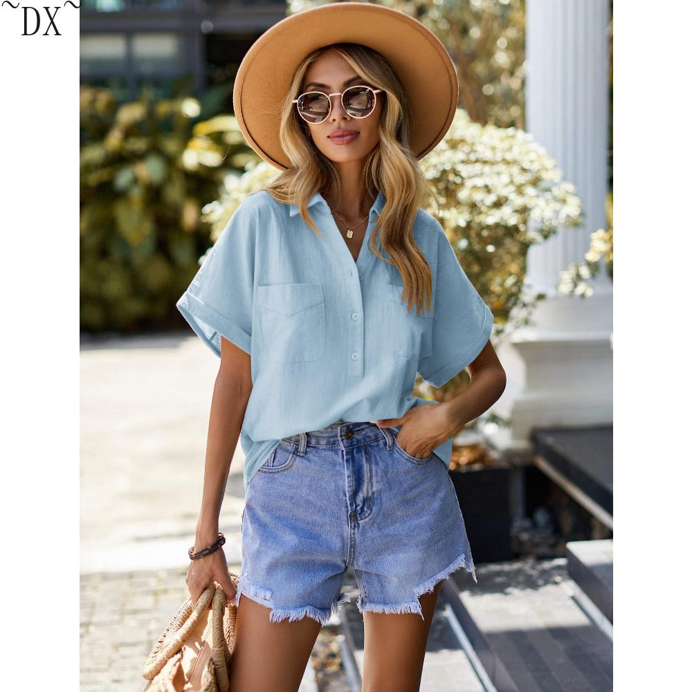 DX~Women's Cotton Linen Shirt Short Sleeved Henry Shirt Button Up V-neck Casual Work Top with Two Pockets