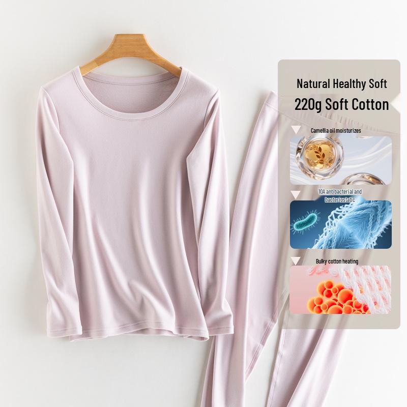 Women's 100% Cotton Antibacterial Long Johns & Underwear Set - Autumn/Winter Warm, Round Neck, Skin-Friendly Base Layer