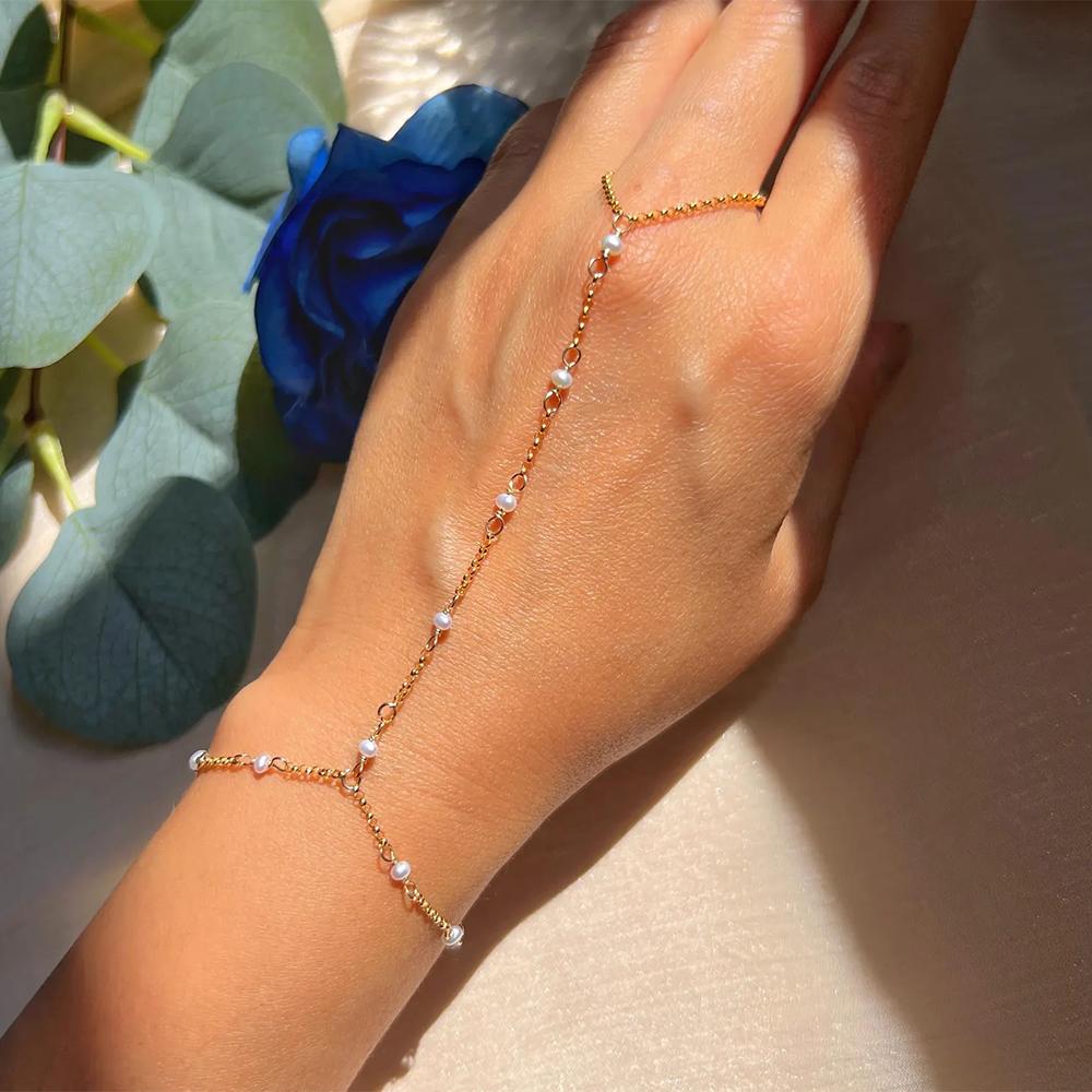 Mini Pearl Hand Chain Bracelet For Elegant Women Wedding Party High-End Gold Color Link Finger Bracelets Stainless Steel Jewelry