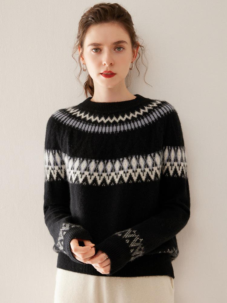 Women's Fair Isle Jacquard Cashmere Sweater: Unique Color Block, Round Neck, Loose Fit, Thickened Knitwear for Autumn/Winter.