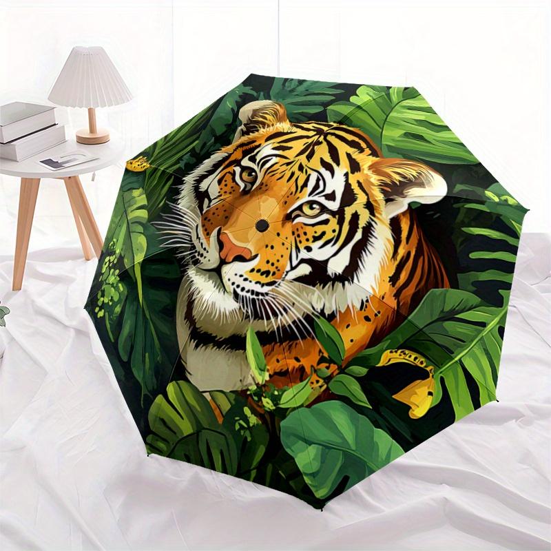 1pc Tiger in the Jungle Pattern Automatic 3-Fold Umbrella, 8 Iron Frames, High-Value Folding Umbrella, Suitable for Office, Travel and Outdo