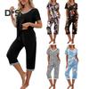 2 Pçs/Conjunto Pijamas Femininos Verão Estampa Floral Decote Em V Manga Curta Camisa Elástica Cintura Curta Calças Curtas Roupa de Casa Roupa Casual Pijamas de Primavera