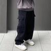 Men Cargo Pants Elastic Waist Loose Wide Leg Solid Color Multi Pockets Retro Straight Deep Crotch Soft Breathable Men Four Seasons Long Trousers