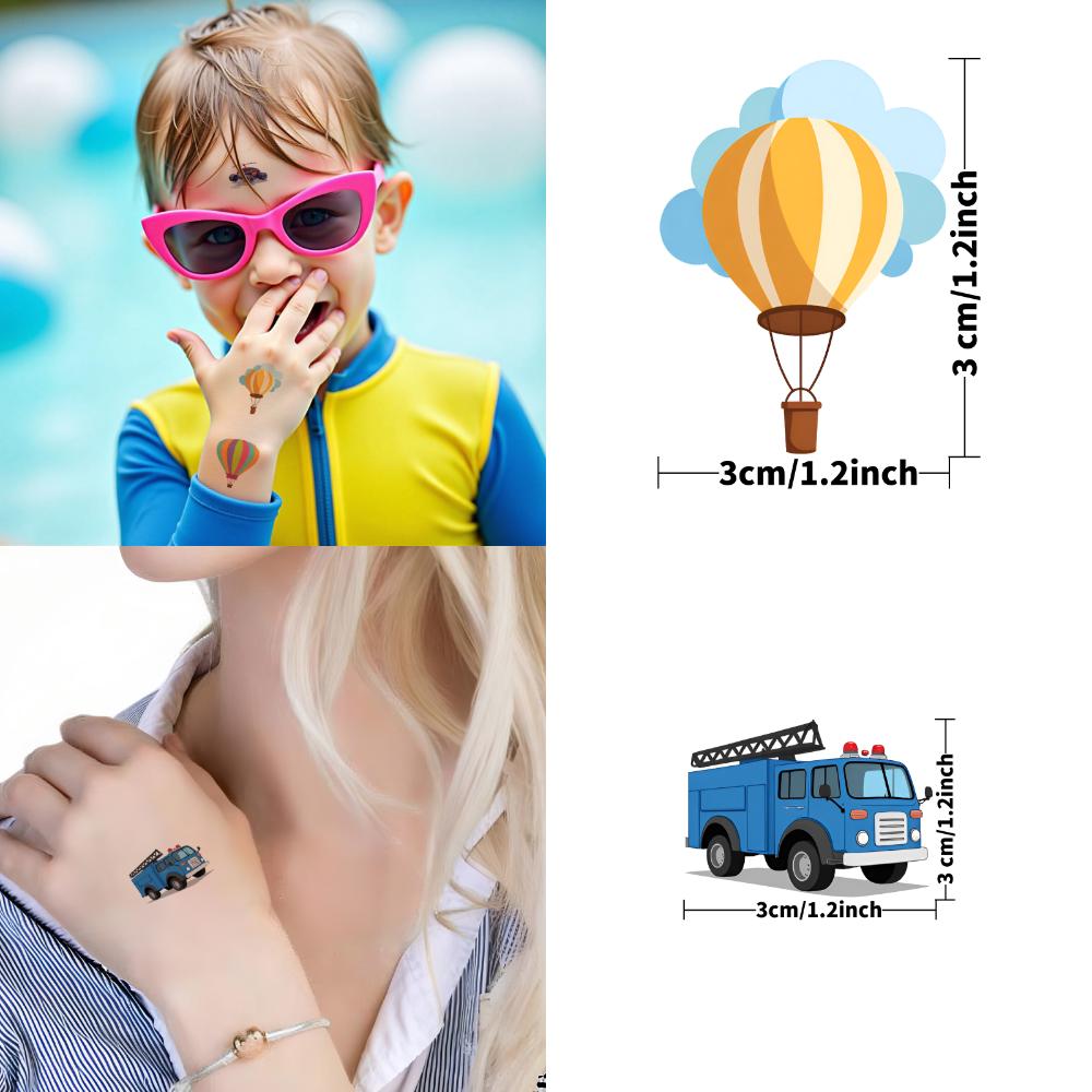 54pcs Temporary Tattoo Cartoon Airplane Motorcycle Submarine For Boys Arms Shoulders