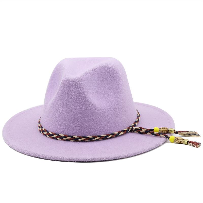 European and American women's new colorful rope jazz hat, big brim fashion flat hat, autumn and winter British style men's woolen top hat tide
