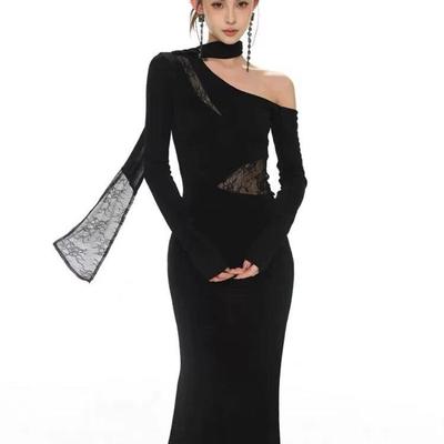 Women's Black One-Shoulder Lace Patchwork Long Sleeve Bodycon Dress for Spring/Autumn