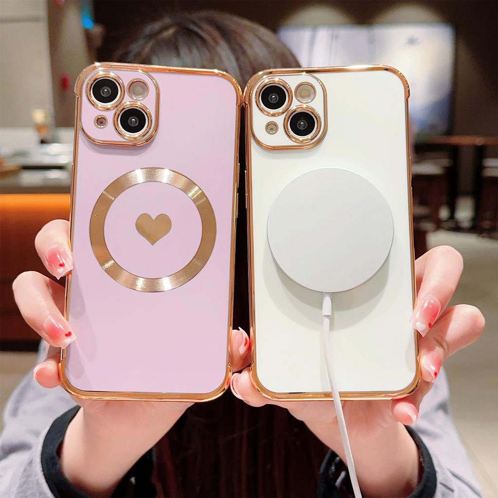 For iPhone 15 Magnetic Case Heart Pattern Electroplating TPU Phone Cover