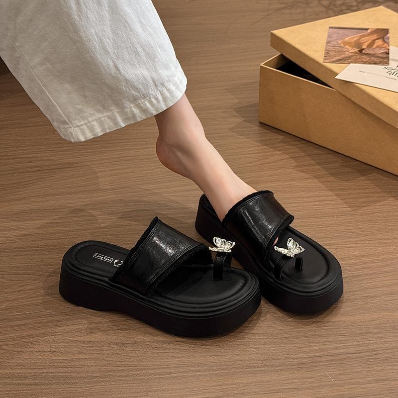 Fashion muffin thick bottom cover toe rhinestone cool slippers women's new summer height increase versatile outer wear foot flip-flops