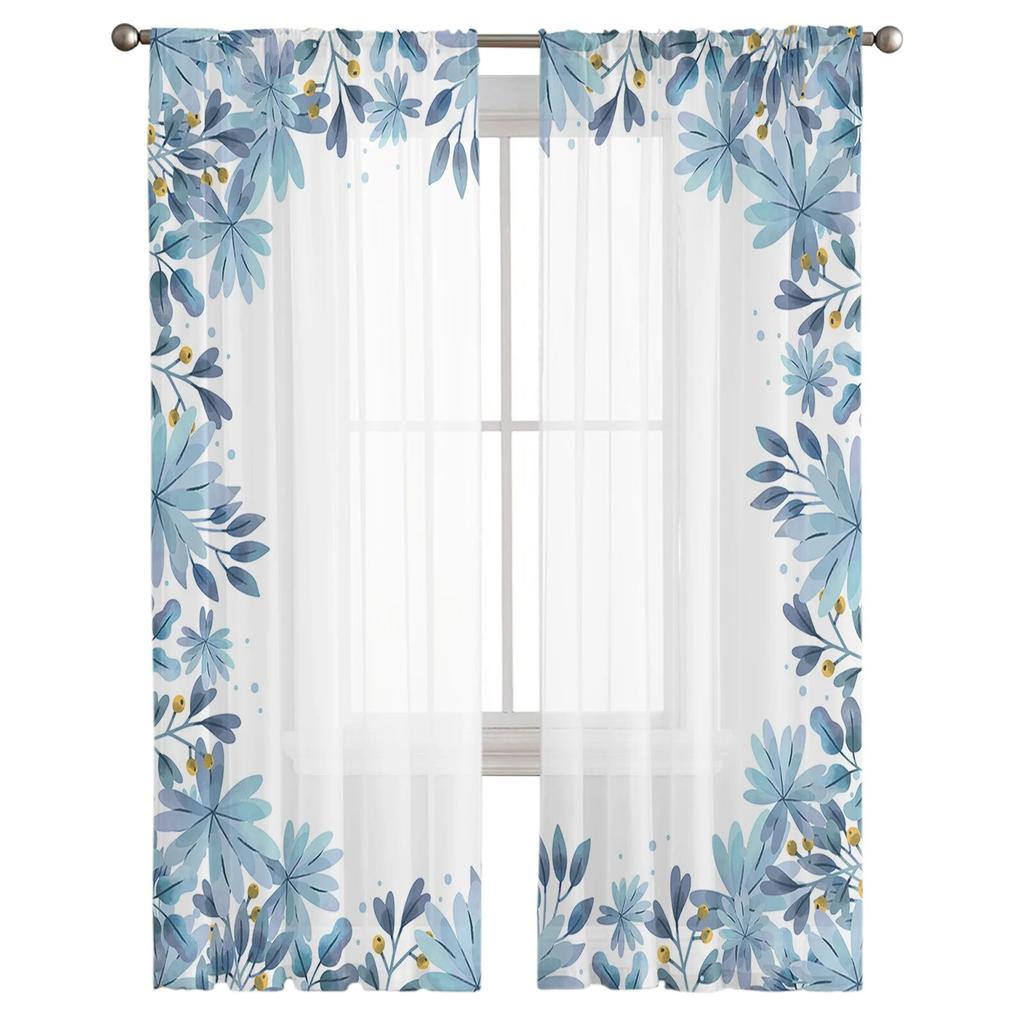 Blue Watercolor Flower Tulle Curtains For Living Room Chiffon Voile Sheer Window Curtain For Bedroom