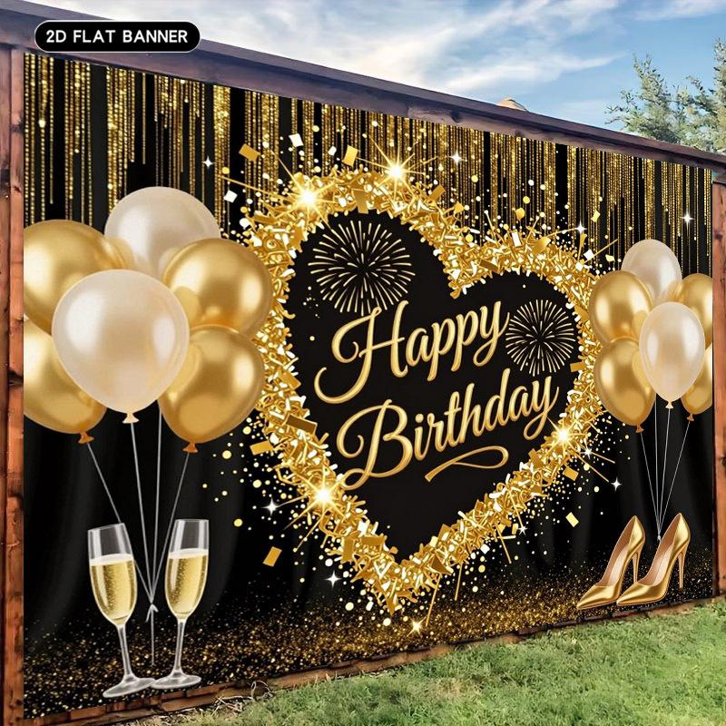 2D flat 1pc golden shining birthday happy banner balloons and high heel pattern.PMJ