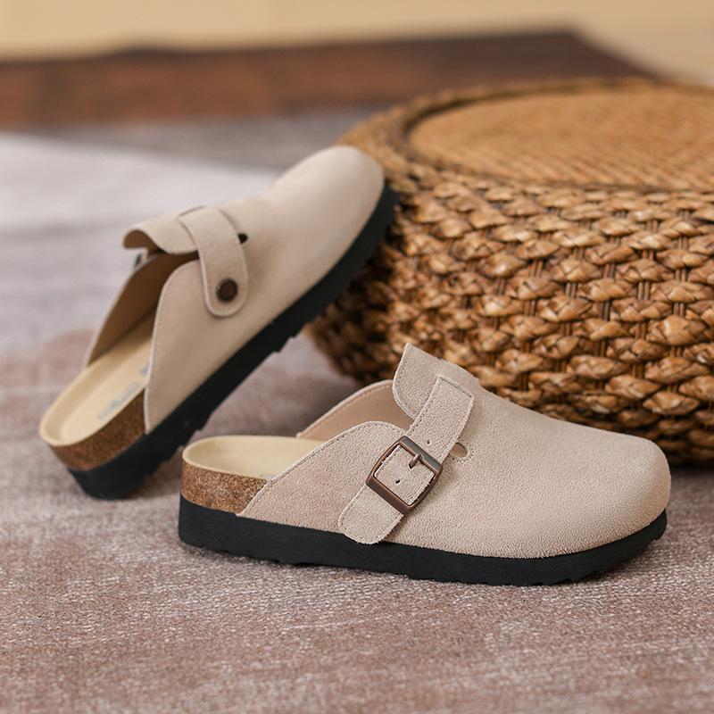 Spot large size Sanxi same style, all leather slippers, cork bottom thick bottom inner height increase bag head half slippers Boken shoes women