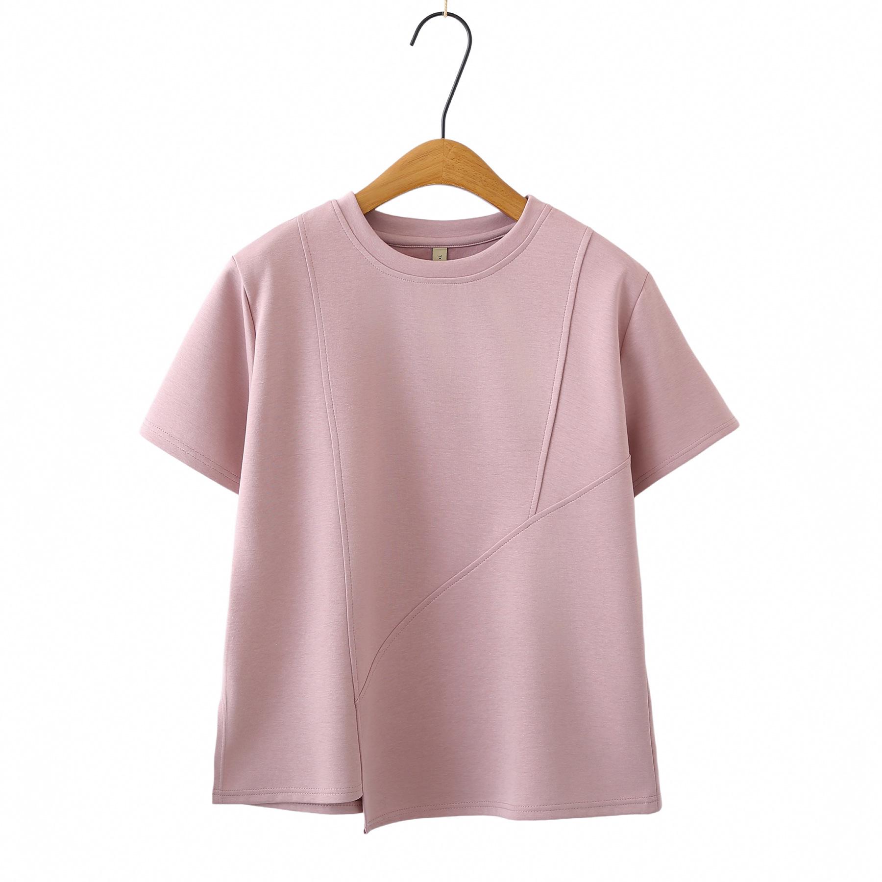 2026 Summer Plus Size Round Neck Mamba Cotton T-shirt with Irregular Short Sleeves for Chubby Girls 8262 4XL розовый
