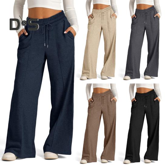 Women Sweatpants Elastic Mid-rise Adjustable Drawstring Straight Wide Leg Jogger Athletic Pants with Pockets Loose Fit Yoga Trousers