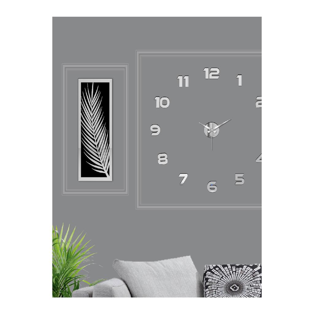 3 Piece Wall Clock Set, Acrylic Plexiglass Mirrored Palm Leaves And Roman R. Clock