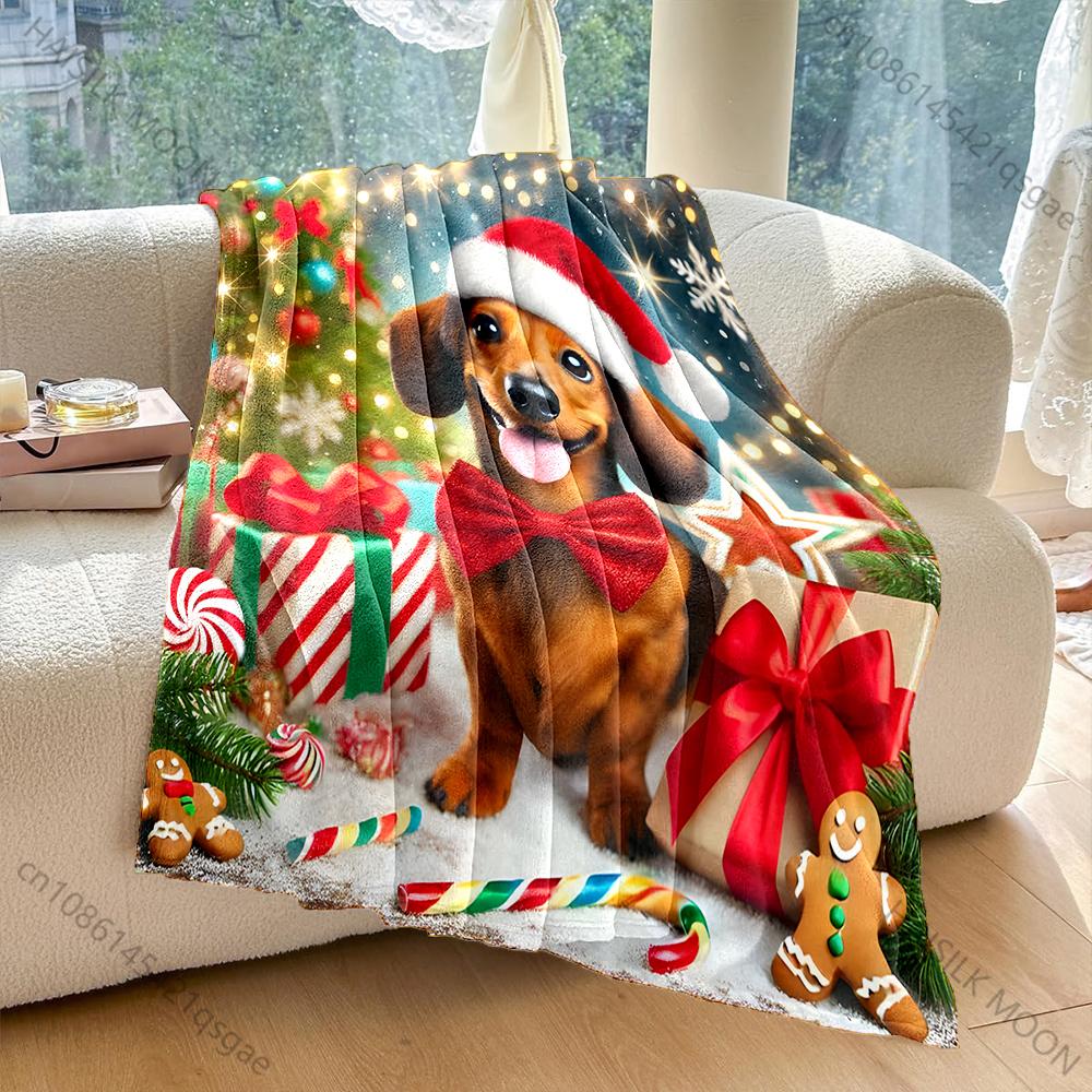 Multi-size Christmas-themed Dachshund Pattern Blanket Flannel Material Soft Warm for All Seasons Home Outdoor Camping Picnics RV