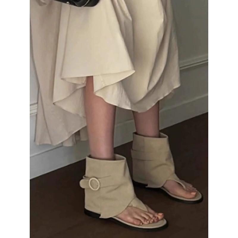 Mezzanine French Loose Sleeve Short Trousers Cool Boots 2025 Summer New Fashion Versatile Flat Sandals Women