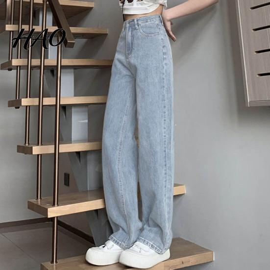 Solid Color High-waist Jeans Women High Waist Button Zipper Closure Vintage Loose Fit Hidden Belly Shape Trousers Pockets Straight Wide Leg Streetwear