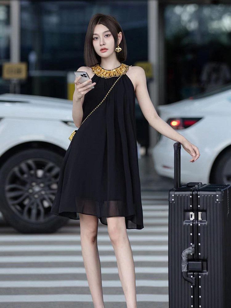 Women s Beaded Halter Sleeveless Summer Dress - Flattering A-line Mesh Skirt M чёрный