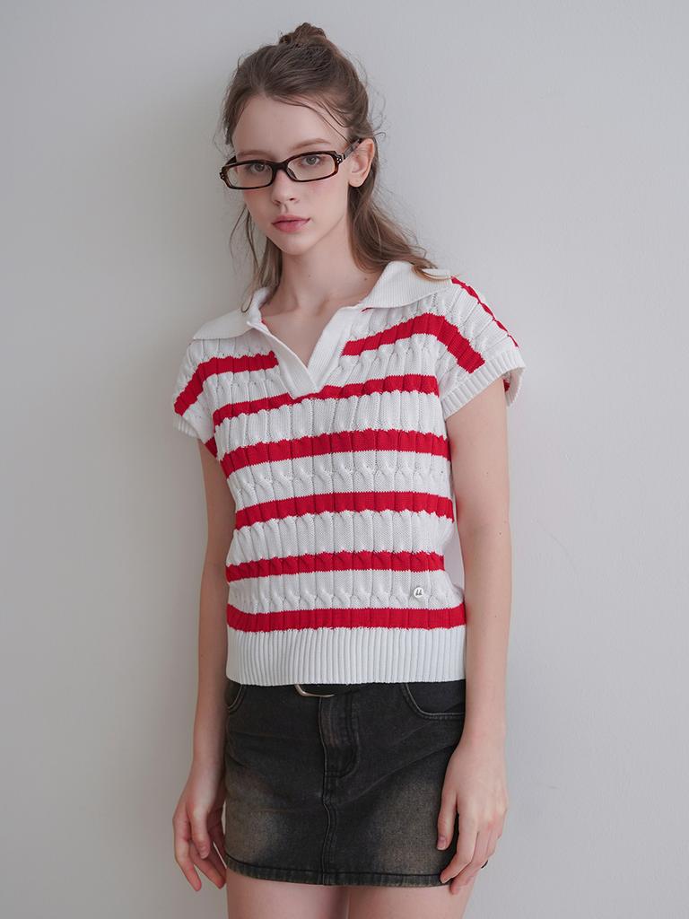 KOOLKITTEN Striped Cable Collar Knit Top 2 Colors