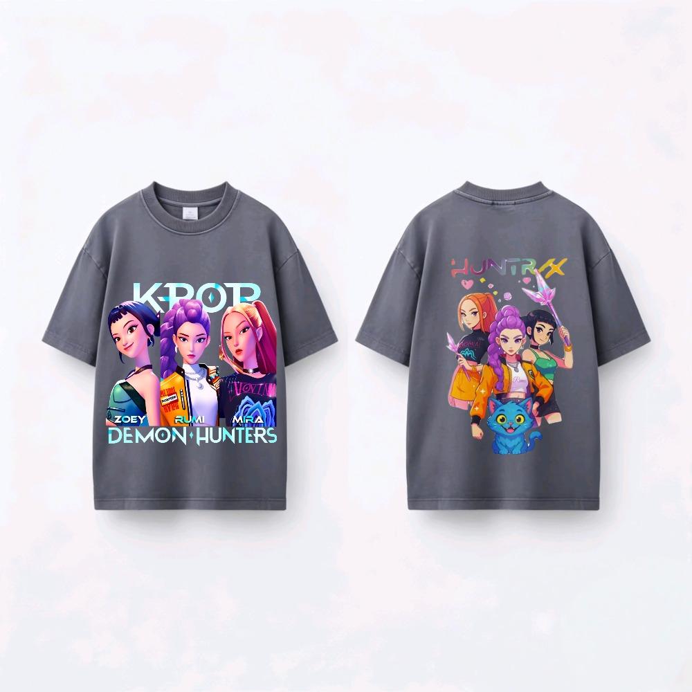 Kinder Kurzarm T-Shirts Stoff Huntrix KPOP Dämonenjäger Cartoon Kostüm Kleinkind Doppelseitiger Druck T-Shirt Baby Mädchen Jungen Stoff