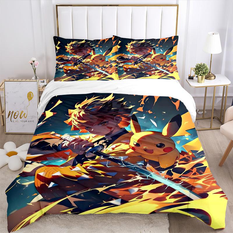3pcs Anime Character & Pikachu Printed Bedding Set, Soft and Comfortable Quilt Cover for Bedroom, Guest Room (1 Duvet Cover + 2 Pillowcases,
