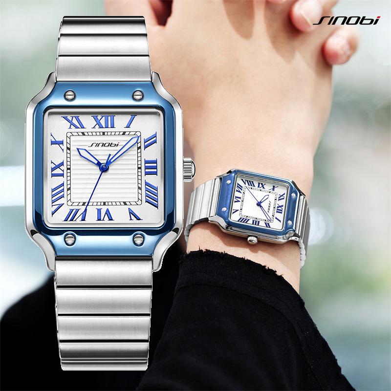 SINOBI Casual Design Men's Quartz Watches Fashion Stainless Steel Man's Wristwatches Business Square Clock