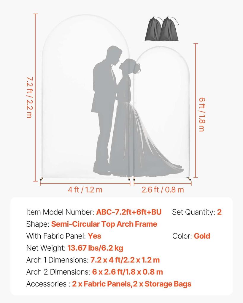 Arch Backdrop Stand, Set of 2, 2.2 m and 1.8 m, Stable Structure, Easy Assembly, Gold Metal Arch Backdrop Stand with Cover for Wedding, Birthday