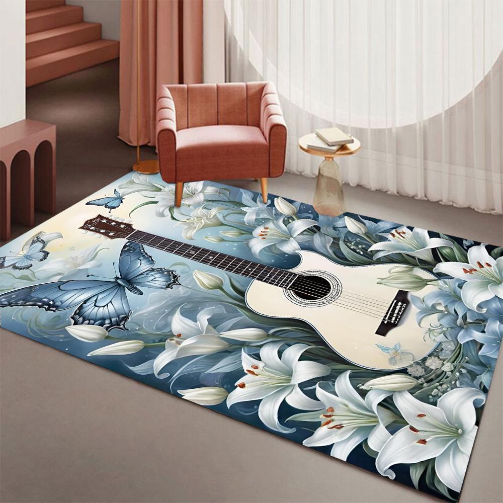 Guitar Floral Art Rug Large Size Non-Slip Floor Mat Creative Music Theme Carpet for Living Room Bedroom Home Decoration