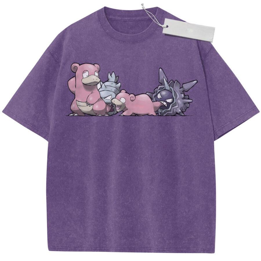 Unisex Washed Pink Vintage Tshirt Pokemon Slowbro Slowpoke Shellder Highquality Fabric for Home Leisure Travel Shopping