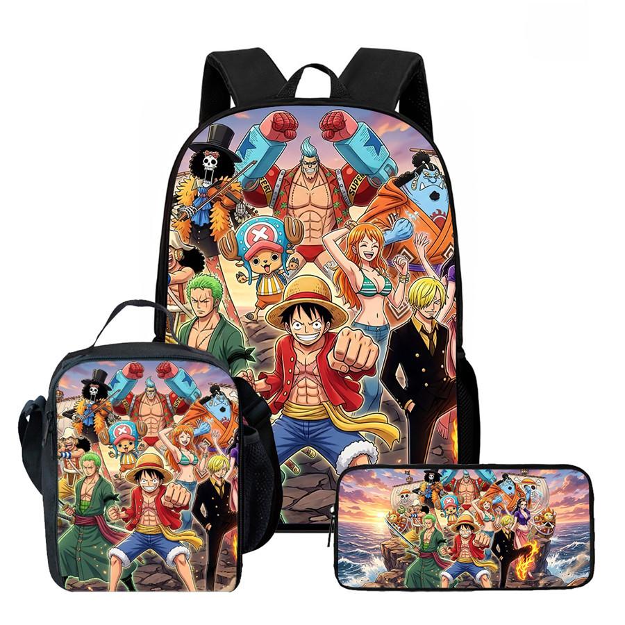 One Piece Anime Backpack 3Pcs Set Cartoon School Backpack Crossbody Bag Pencil Case Student Schoolbag Travel Backpack Gift