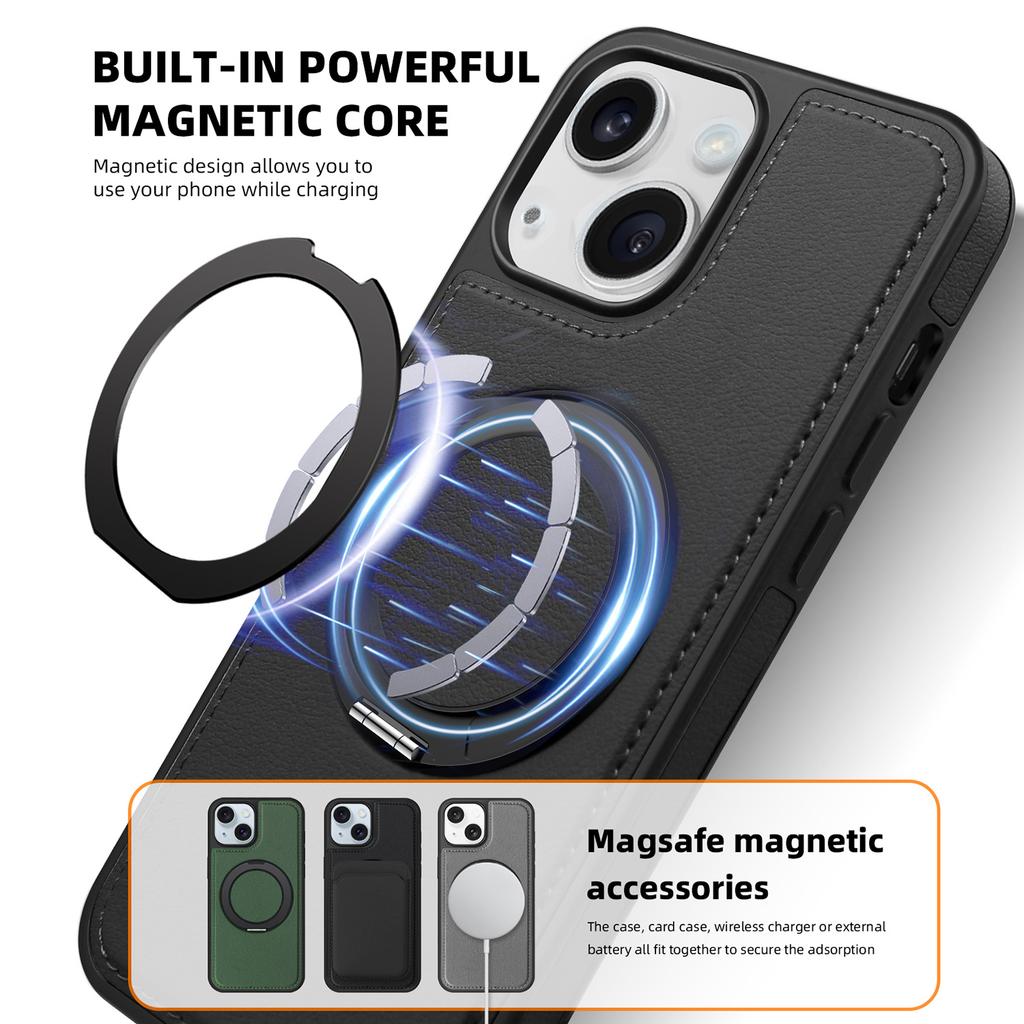 Etui do iPhone 14 Plus z pierścieniem i podstawką, kompatybilne z MagSafe, tylna okładka ze skóry PU