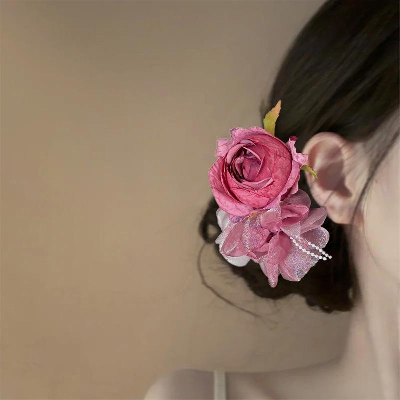1Pcs Rose Pink Threedimensional Flower Hair Clip Fairy Gentle Styling Hair Accessories Dating Parties Daily Wear Decoration Clip