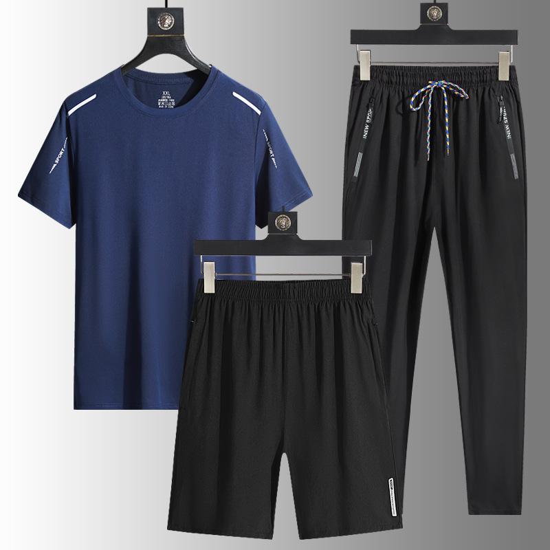 Ice Silk Outdoor Men's Casual Sports Loose Three Piece Set Breathable Quick Drying Round Neck T-shirt Long Pants Men