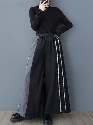 Weite Beine Kontrastfarbe Elastische Taille Jeans Lässige Knöchellange Hose GMM1130
