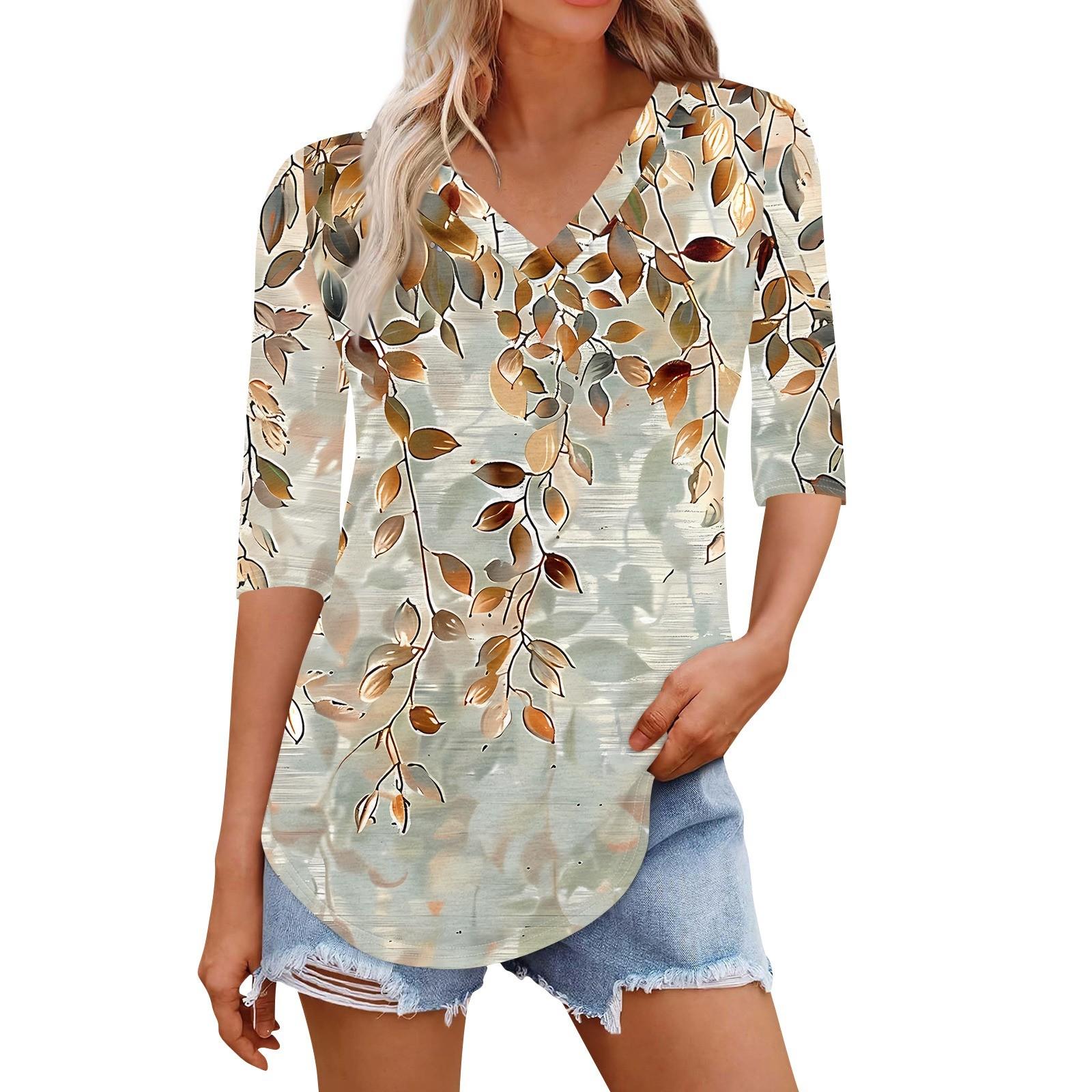 

Рубашки для женщин Модные футболки с V-образным вырезом Повседневные блузки с принтом Топы с коротким рукавом для женщин XXXL светло-коричневого