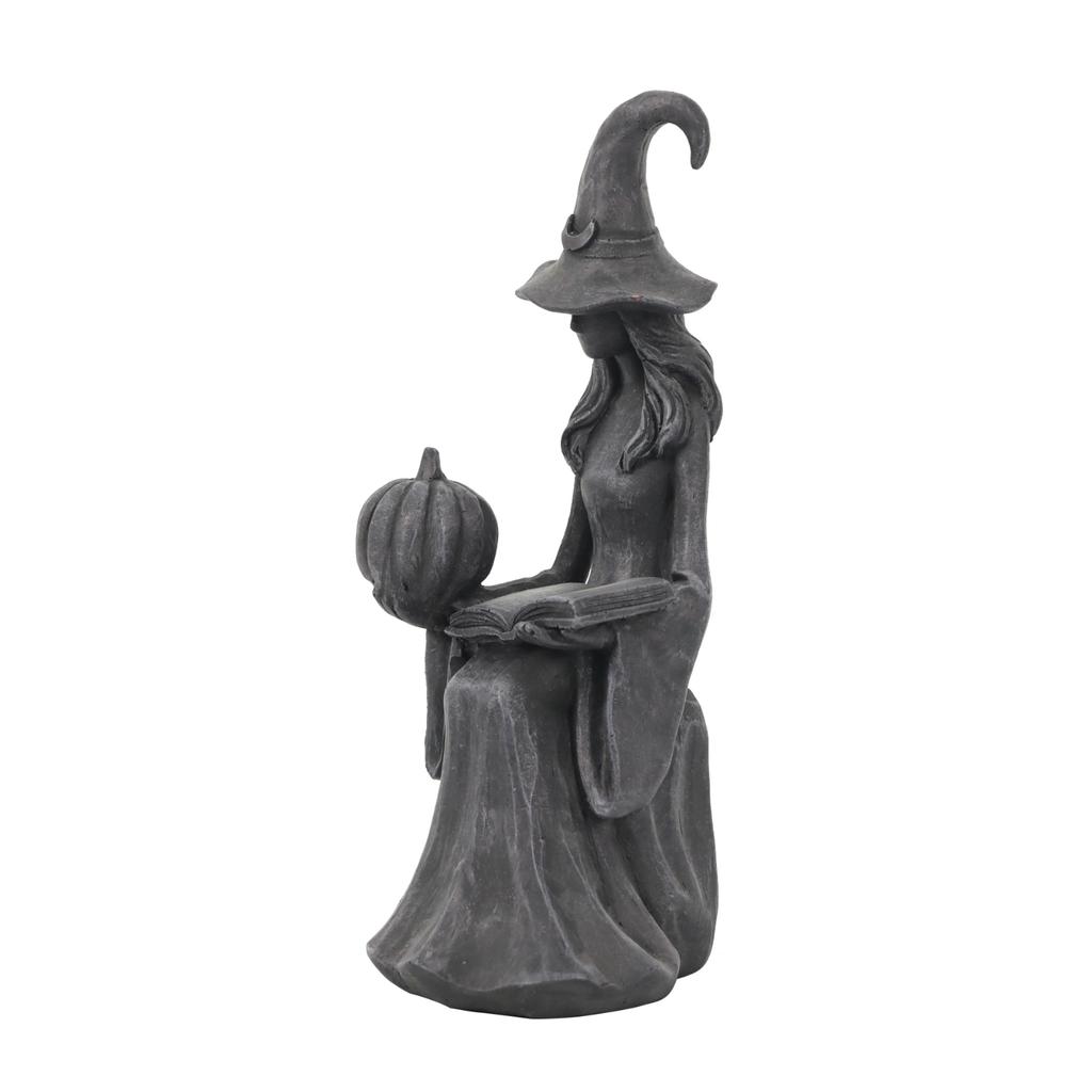 Halloween Tabletop Decoration - Black Witch Holding Book and Pumpkin Figurine for Holiday Decor