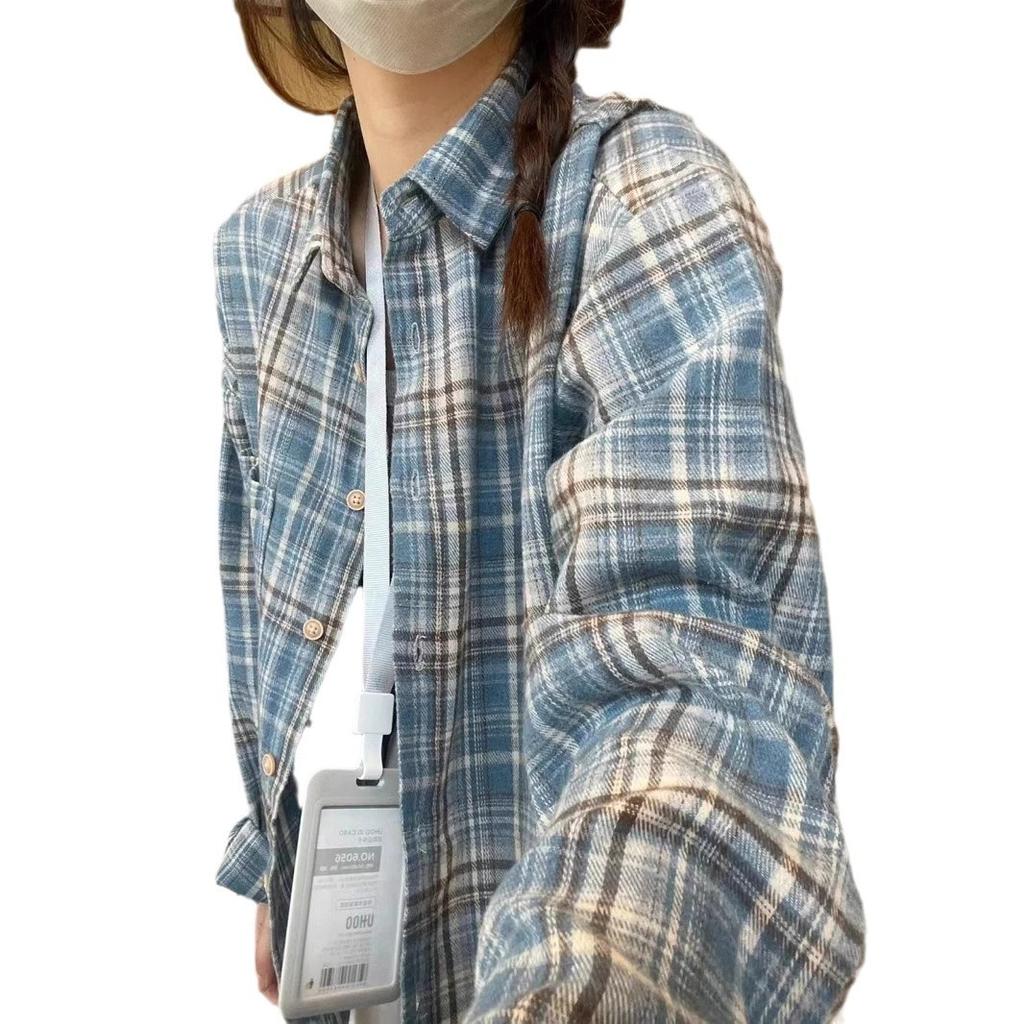Blue Plaid Cotton Long-sleeved Shirt Jacket Women's Spring and Autumn New Explosion Early Autumn Temperament Top