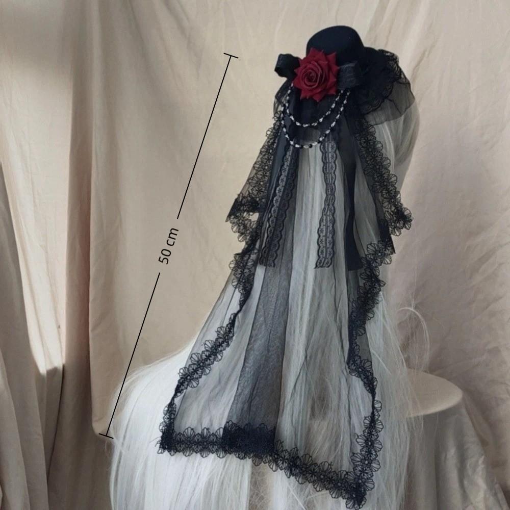 Pălărie Lolita Neagră sau Albă, cu Flori, Decor cu Fundă, Elegantă, Pălărie Înaltă, Voal Gotic, Pălărie Înaltă cu Trandafir, Bărbați