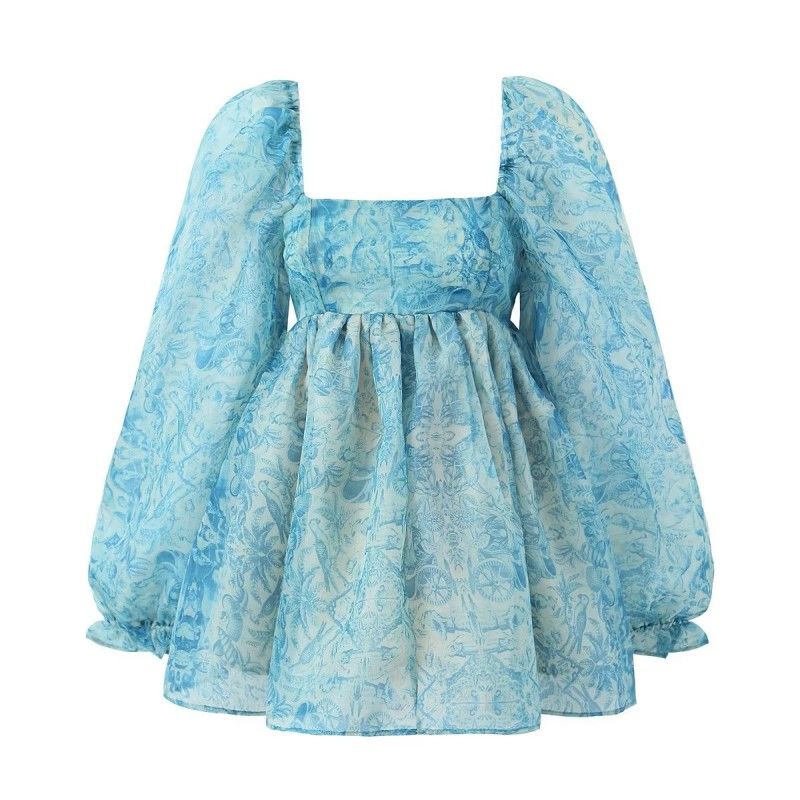 

Princess on the Run Retro Dress Blue and White Porcelain Printed Blue and white porcelain Print Long sleeves L