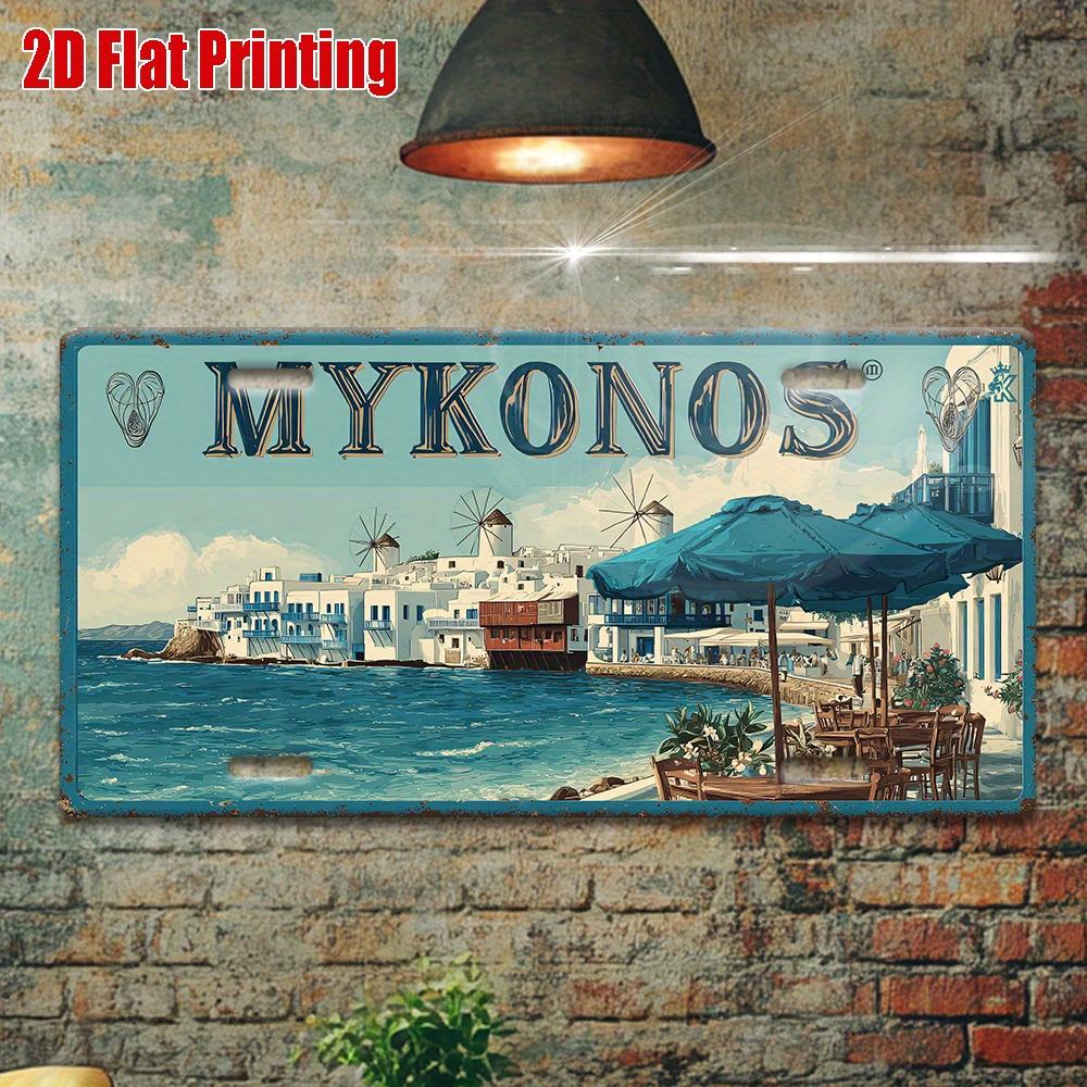 2D Flat 1 Retro Greek Island Mykonos Metal License Plate - Greek Coastal Decor, Suitable for Home, Bar, Cafe, Garage, Office 15x30cm(5.9x7.8inch)