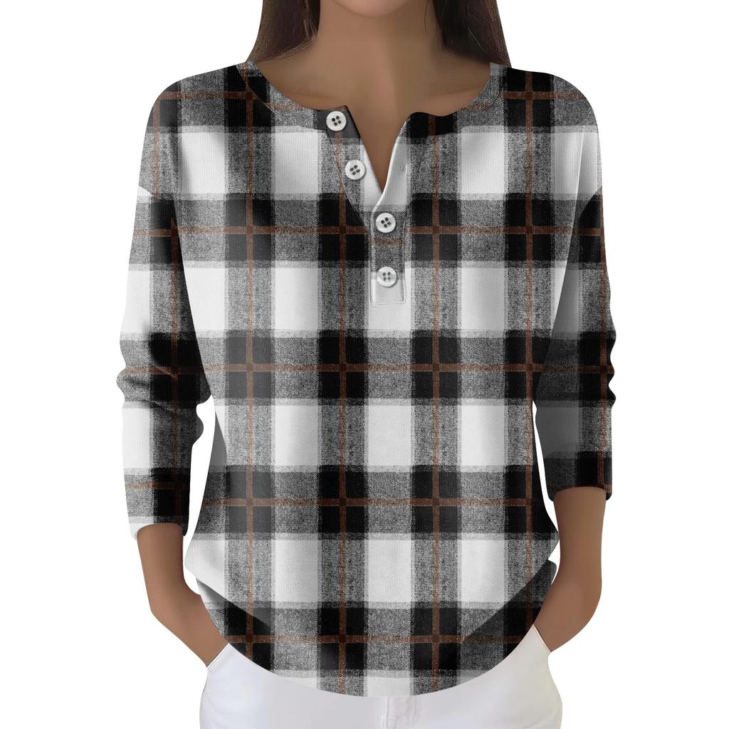 Women's Fashion Long Sleeve Plaid Geometric Print Top Elegant Casual Top